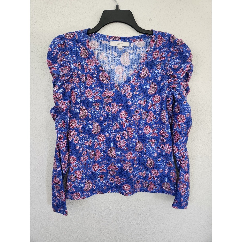 Loft Long Sleeve Blue Garden Shirred Puff Sleeve Top‎ Womens Medium Polyester